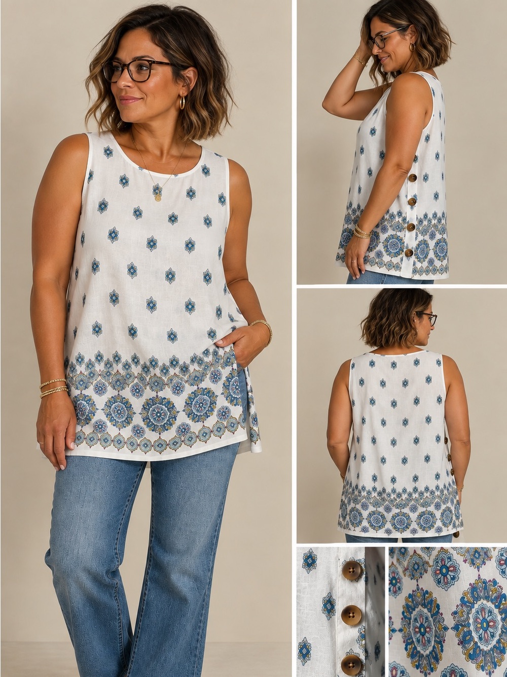 J.Jill Love Linen Tunic Tank Large Tall Blue White Coastal Boho